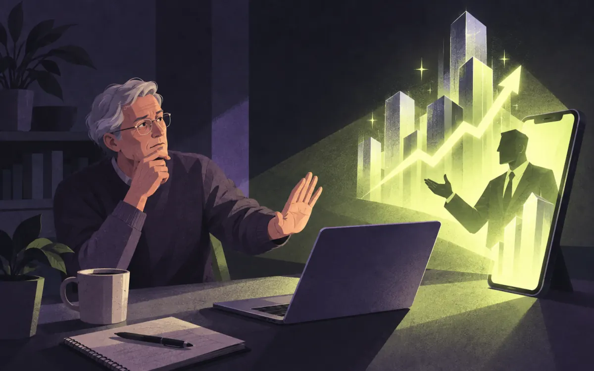 Illustration of an older man stopping before a glowing investment chart and phone pitch.